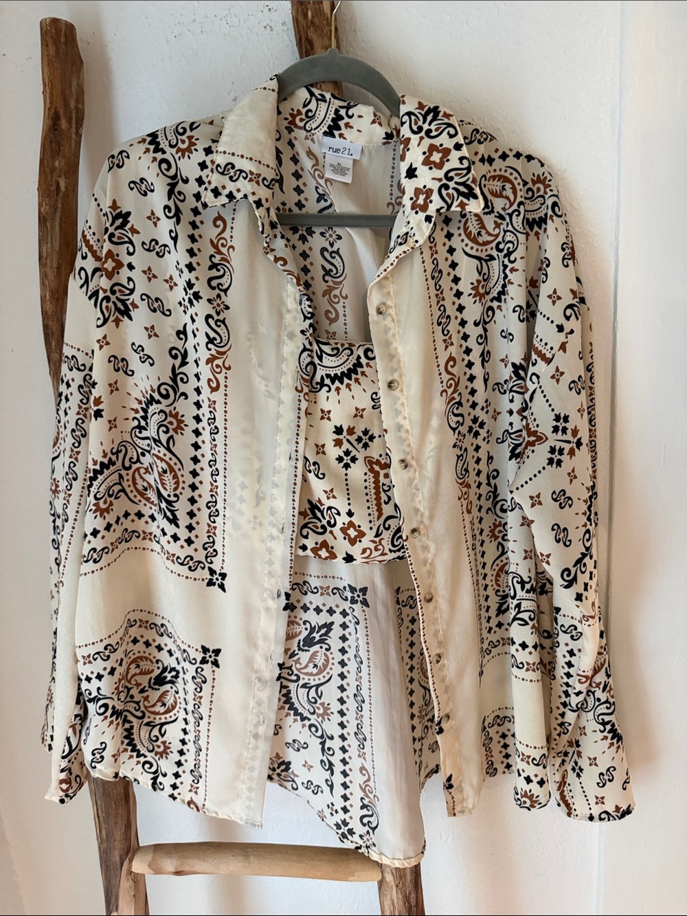 Rue21 Cream Bandana Paisley Print Button Down with Matching Cropped Bra Camisole